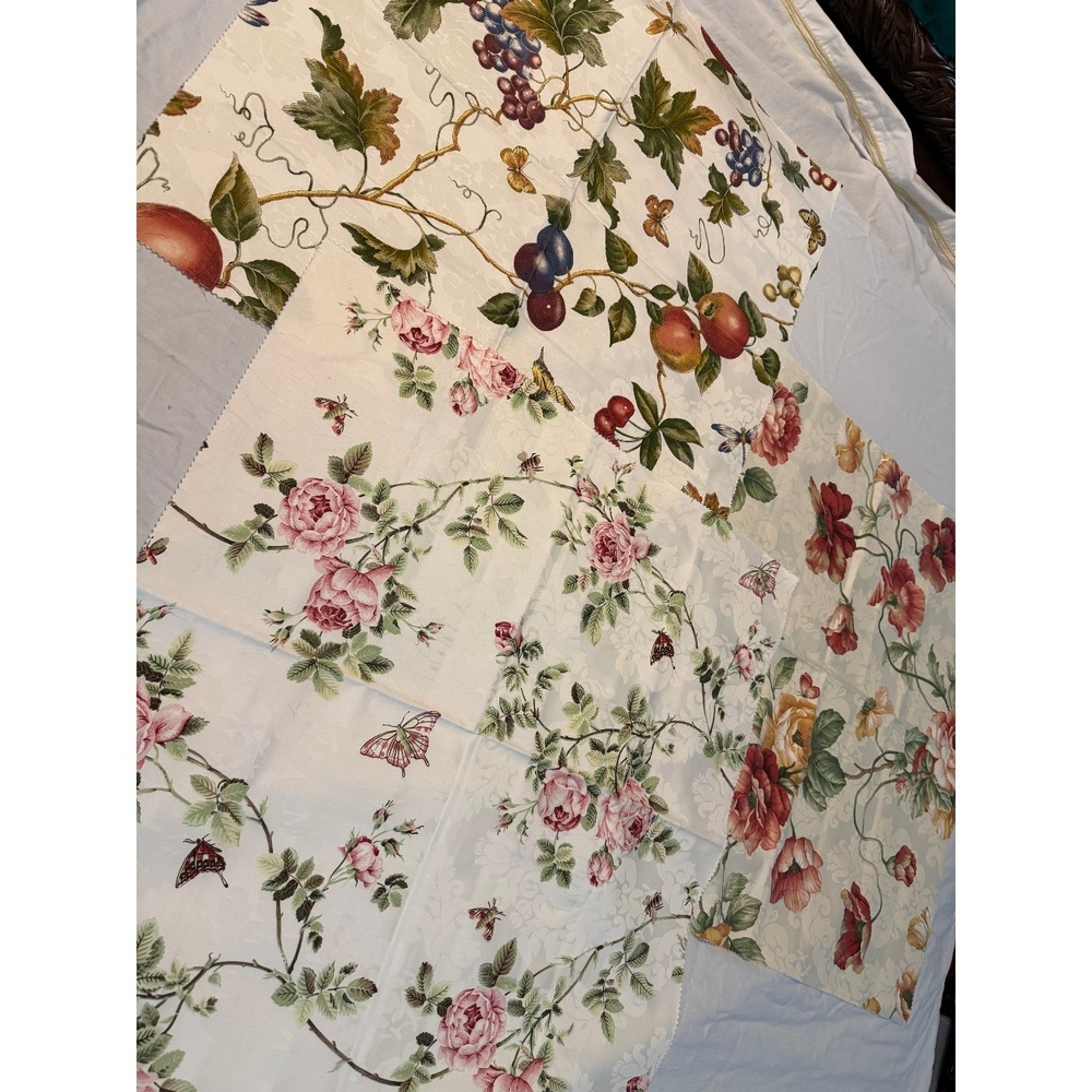 Lot of 3 floral butterflies fruit white cream bkgrd design fabrics vintage new